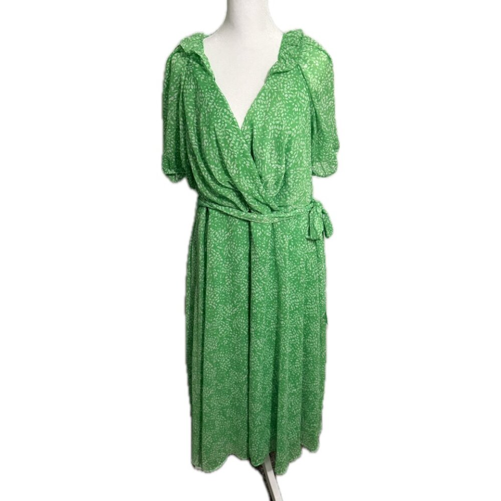 DKNY Womens Green Floral V-Neck Flutter Sleeve Fit & Flare Size 16W